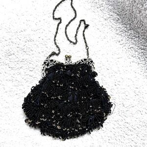Beaded Black Evening Bag Satin Lined With pocket inside, Chain, Roaring 20s NWOT